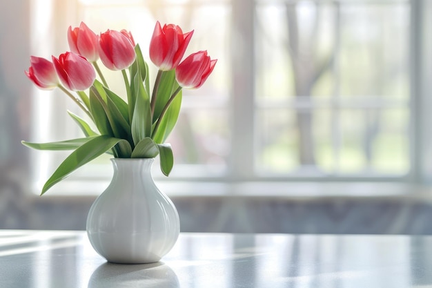 A bouquet of red tulips in a white vase closeup on a table on a blurred background in a home sunny