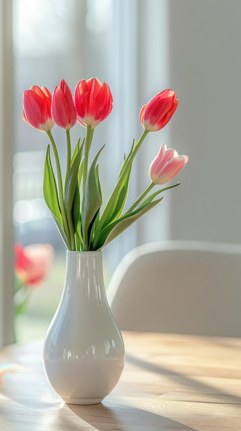 A bouquet of red tulips in a white vase closeup on a table on a blurred background in a home sunny