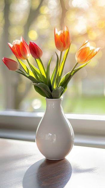 A bouquet of red tulips in a white vase closeup on a table on a blurred background in a home sunny