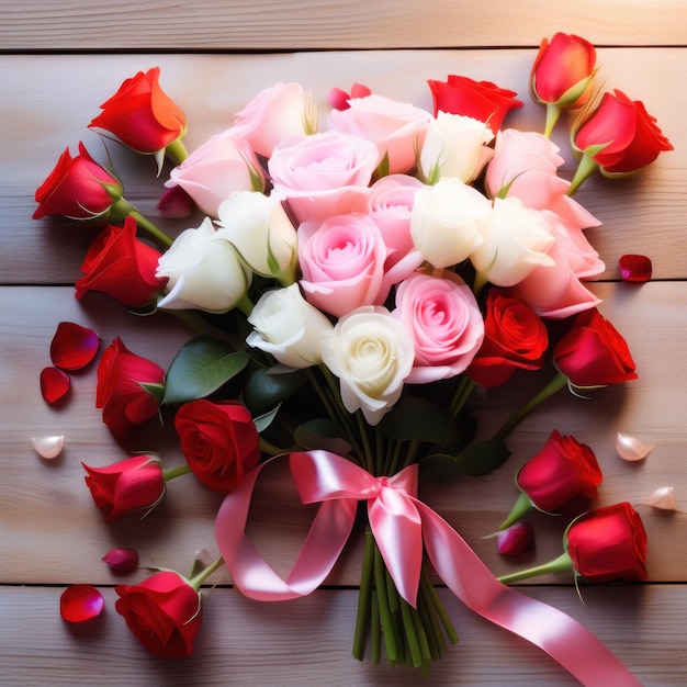 Photo a bouquet of red and white roses with a pink ribbon around the bottom