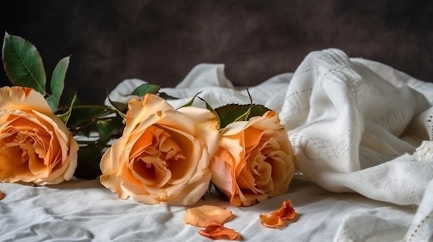 A bouquet of roses on a bed with a white towel.