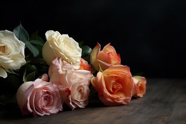 A bouquet of roses on a black background with copy space for Mother's Day greeting background