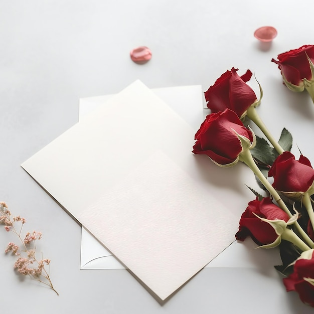 A bouquet of roses and a card with a card on it