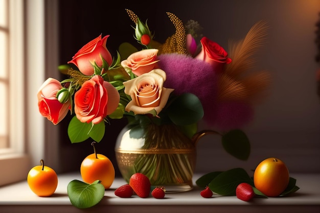 A bouquet of roses and fruits on a table