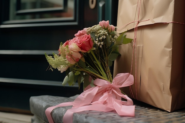 Photo a bouquet of roses and a gift in front of the front door bokeh style background