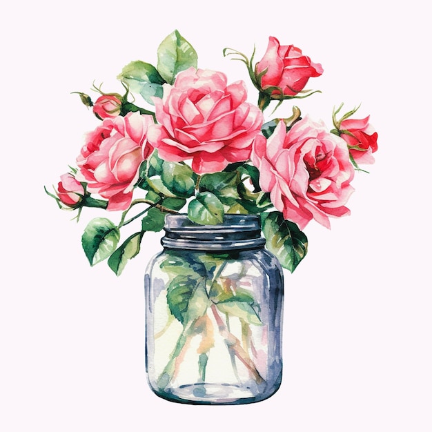 Bouquet of roses in a glass jar Watercolor illustration