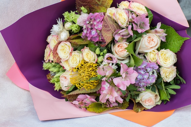 Bouquet of roses, hydrangeas close-up