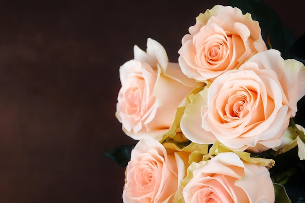 A bouquet of roses is beautiful fresh bright on a dark brown background