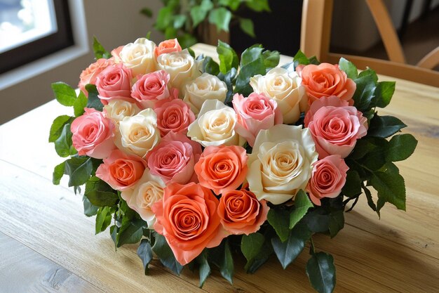 Photo a bouquet of roses is placed on a table