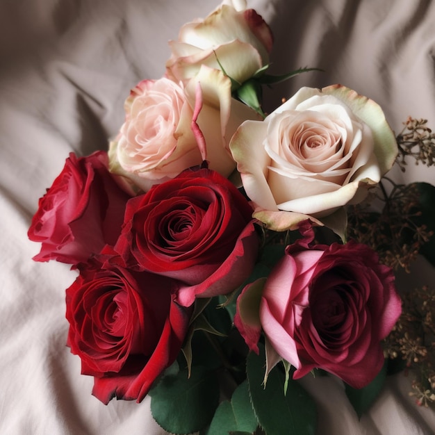 A bouquet of roses is on a sheet with a white background.