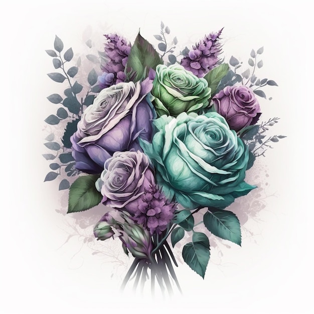 A bouquet of roses is shown with a green leaf and the word " love " on the bottom.