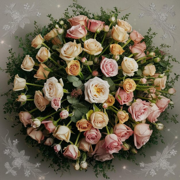 Photo a bouquet of roses is shown with snowflakes on the wall