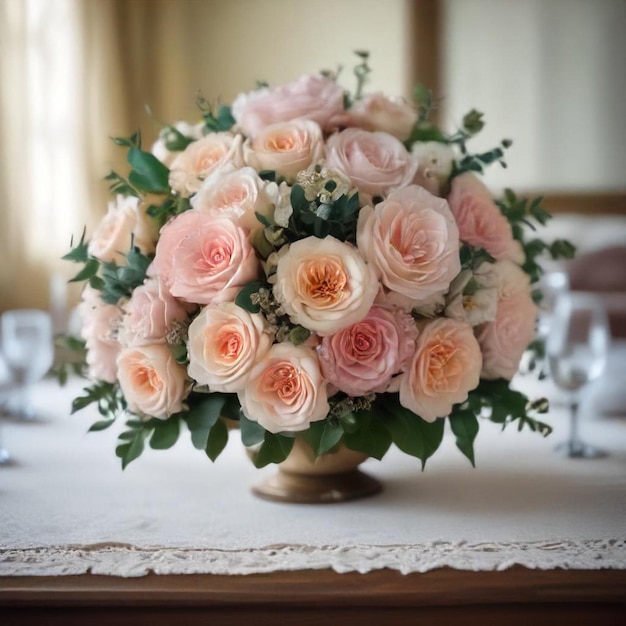 Photo a bouquet of roses is on a table with a white cloth