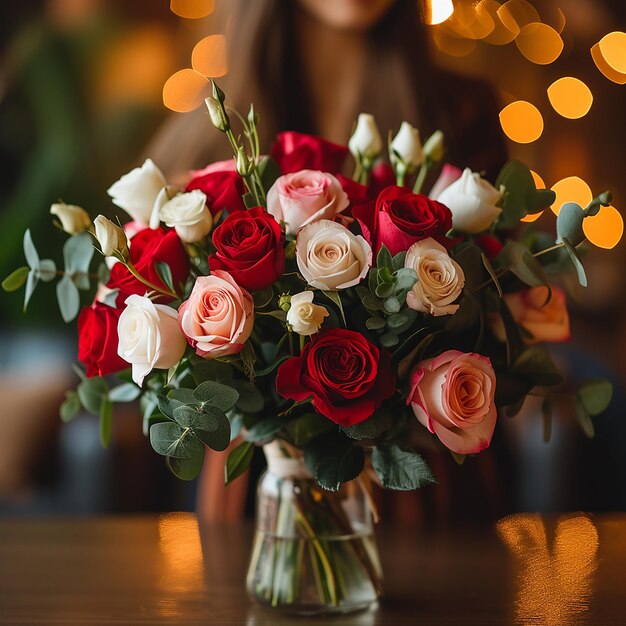 a bouquet of roses is in a vase with a woman in the background