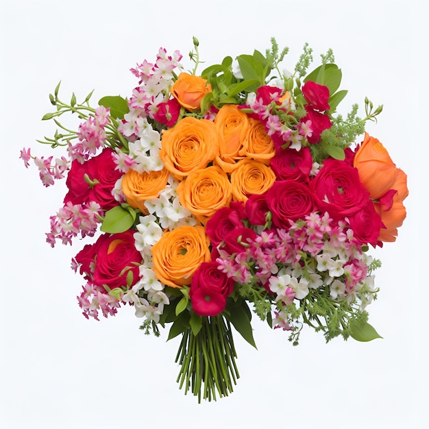 A bouquet of roses and roses is displayed in a white background