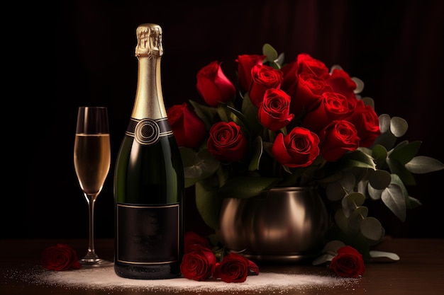 bouquet of roses on a table with a bottle of champagne by Generative Ai