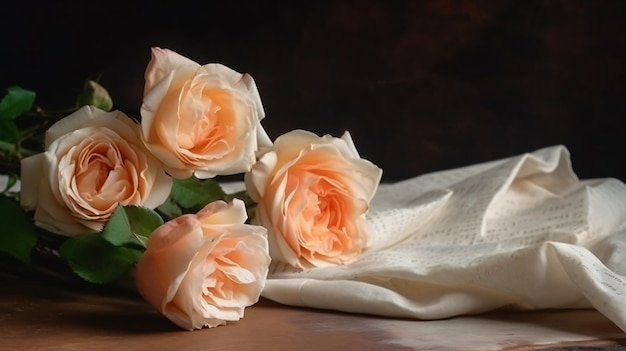 A bouquet of roses on a table with a white cloth