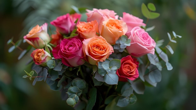 A bouquet of roses in various shades including pink and peach with eucalyptus leaves wrapped around