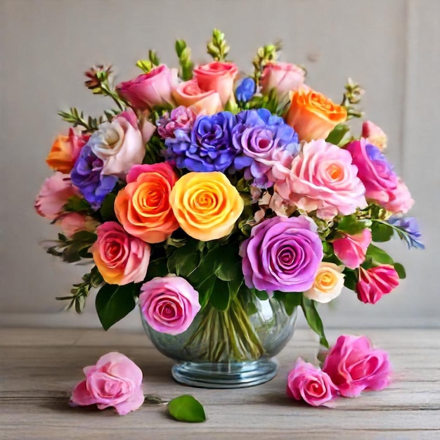 a bouquet of roses in a vase with a flower in it