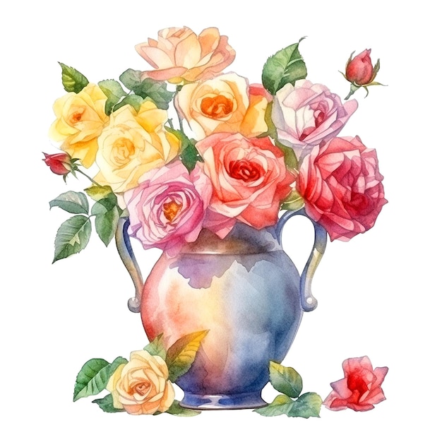 A bouquet of roses in a vase with leaves