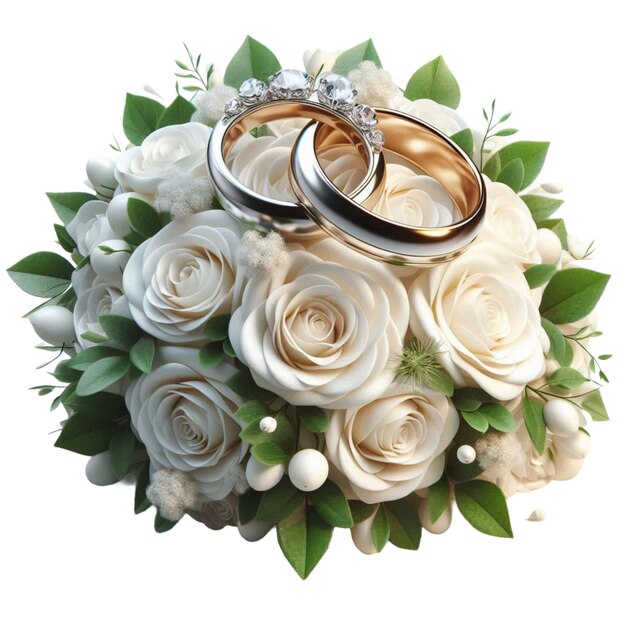 Photo a bouquet of roses and wedding rings are placed on a bouquet of flowers