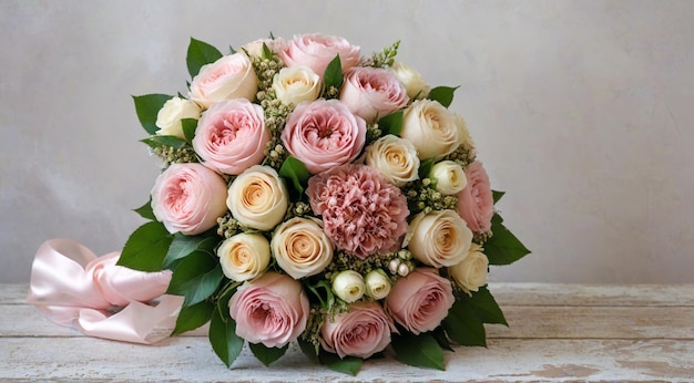 a bouquet of roses with a pink flower in the background