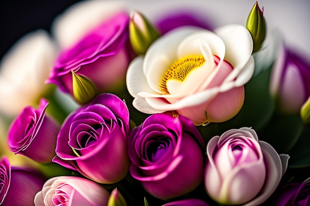 A bouquet of roses with a pink rose in the center