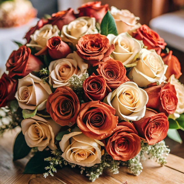 Photo a bouquet of roses with a white ribbon on the table