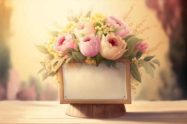 Bouquet of roses with wooden frame for text generative ai