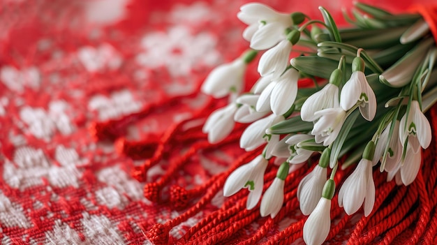 A bouquet of snowdrops flowers red and white rope with tassels hearts on a wooden background Postcard for the holiday of March 1 space for text