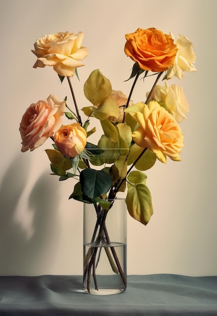 Bouquet of soft pink and yellow garden roses in a glass vase Floral still life close Generative AI