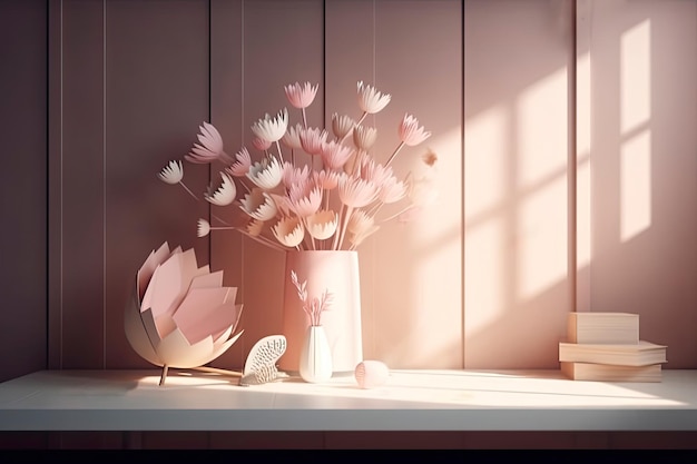 Bouquet of spring flowers in a vase on the table Sun light interior room Happy Mother's Day background March 8 International Women's Day Ai generative