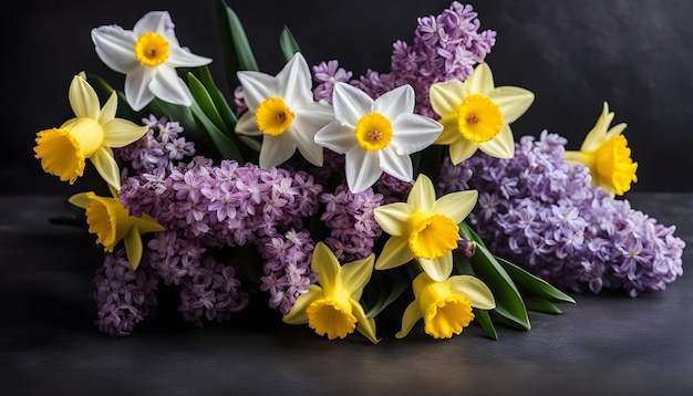 a bouquet of spring flowers with a black background