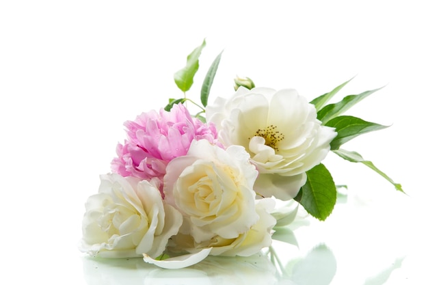 Bouquet of summer white roses and peonies