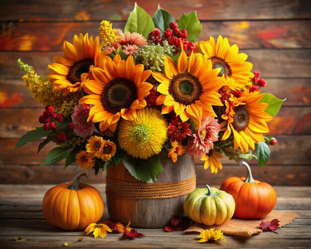 Photo a bouquet of sunflowers and pumpkins are on a wooden table