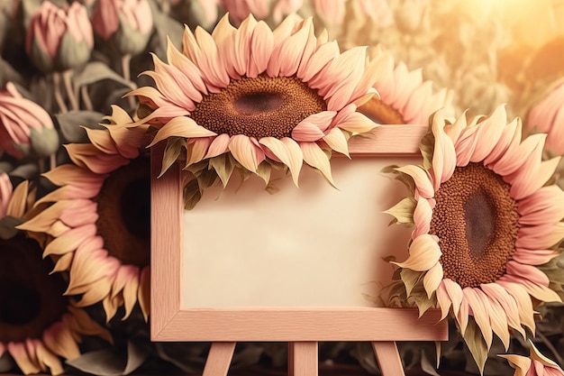 Bouquet of sunflowers with wooden frame for text generative ai