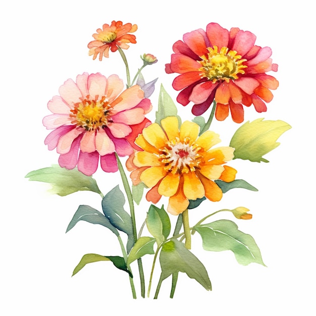 A bouquet of three flowers with leaves and the word dahlia on the bottom.