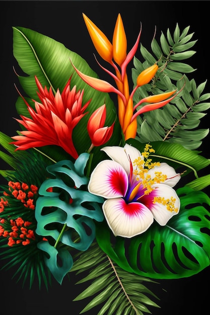 Bouquet of tropical flowers on a black background generative ai