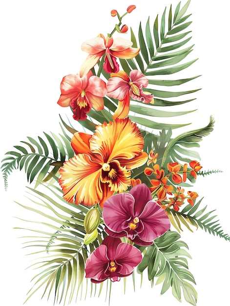 A bouquet of tropical flowers including orchids and ferns painted in a watercolor style