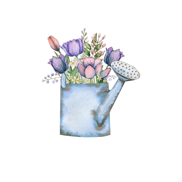 Bouquet of tulip flowers in a metal teapot watercolor illustration.