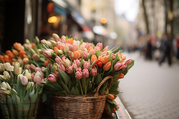 Bouquet of tulips in baskets on the street market