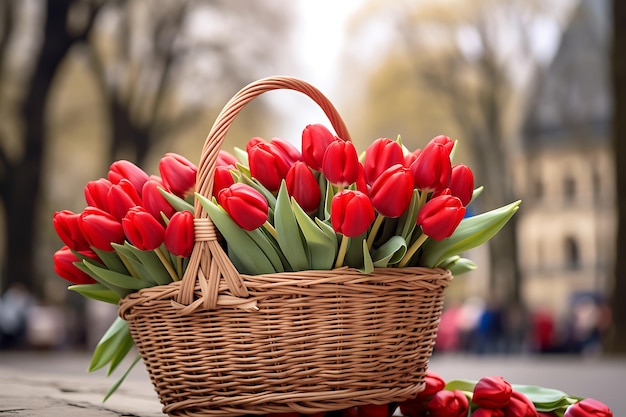 Bouquet of tulips in baskets on the street market