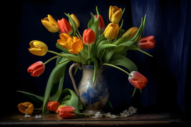 Bouquet of tulips on a black background