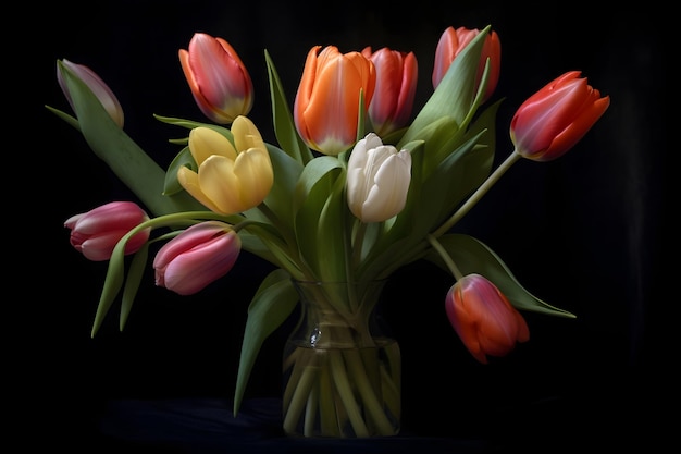 Bouquet of tulips on a black background