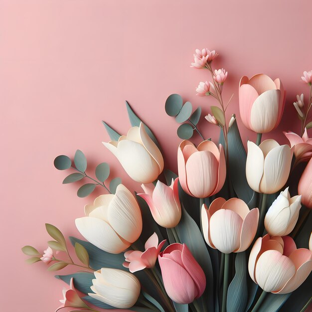 bouquet of tulips Bouquet of pink and white tulips on a pink background