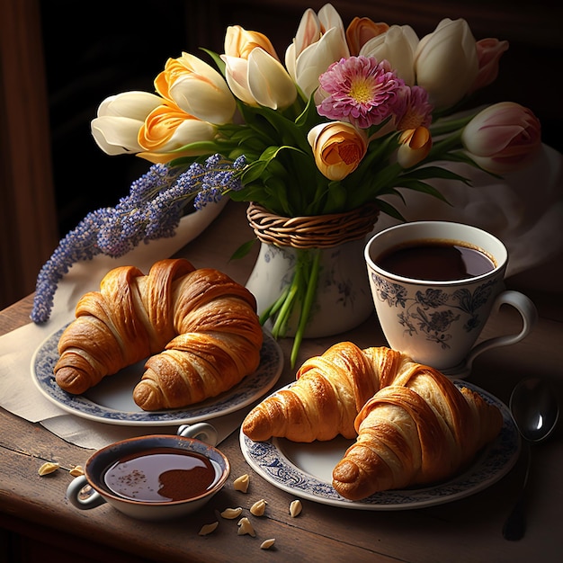 A bouquet of tulips and croissants on a table. Breakfast with croissants, coffee and cholocate. AI