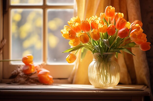 Bouquet of tulips in vase on table in room