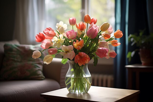 Bouquet of tulips in vase on table in room