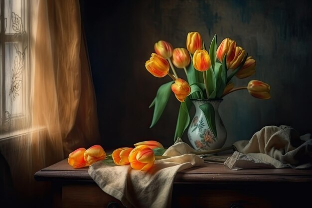 A bouquet of tulips in a vase on the table in the style of impressionism Generative AI