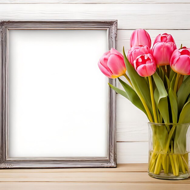 Bouquet of Tulips in Vase with Empty Frame in Front View